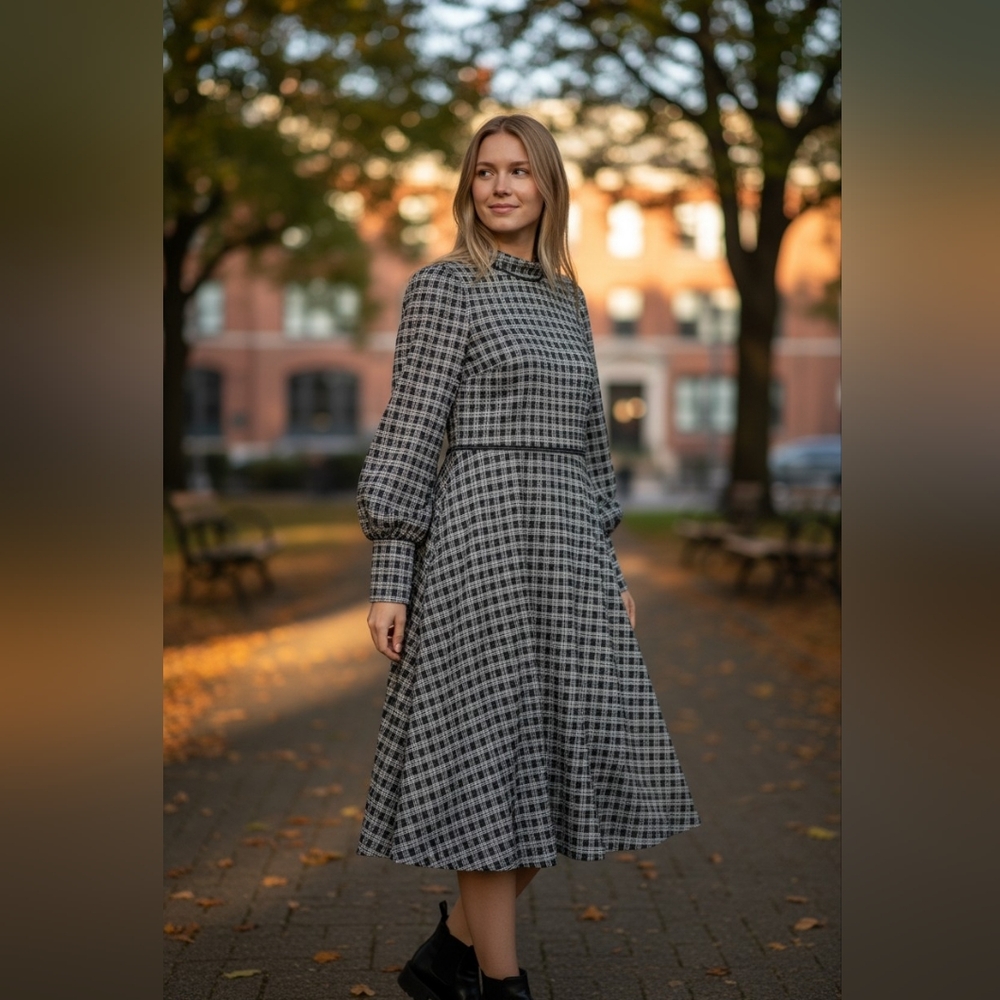 Ann Taylor Black Plaid Mock Neck Long Sleeve Lined Fit & Flare Dress Sz 6